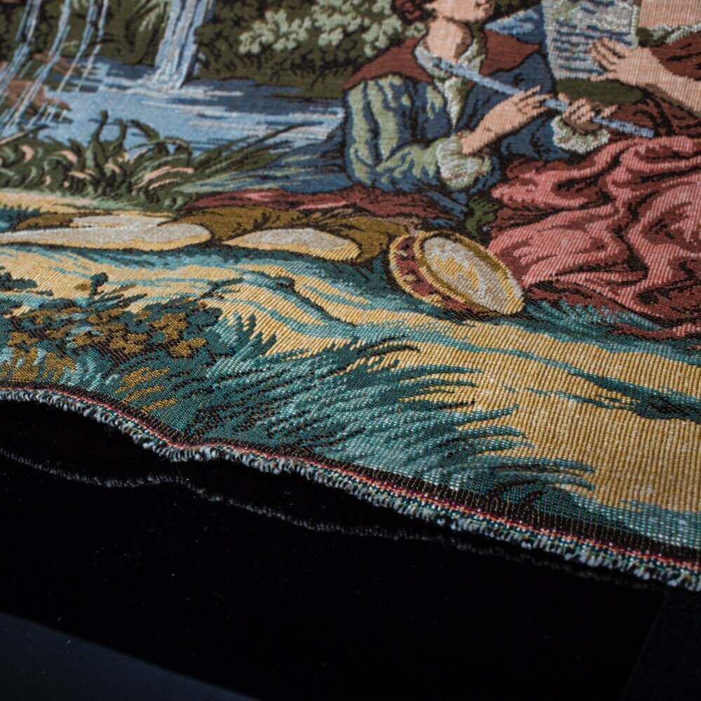 French Aubusson Tapestry Wall Art Pastoral Scene With Musicians & Cherubs 36“X15 - Picture 2 of 6